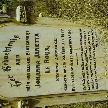 ROUX Johanna Janetta, le nee LA GRANGE 1872-1896