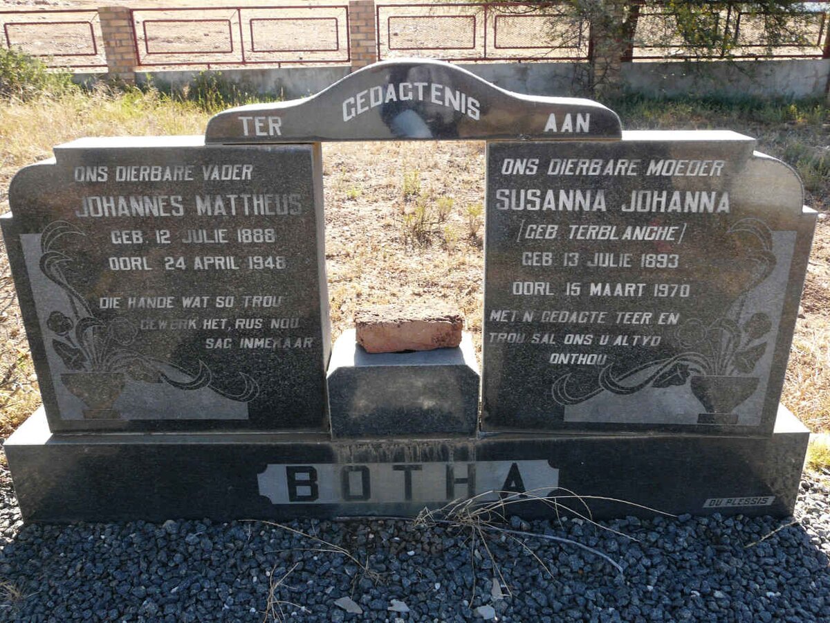 BOTHA Johannes Mattheus 1888-1948 &amp; Susanna Johanna TERBLANCHE 1893-1970