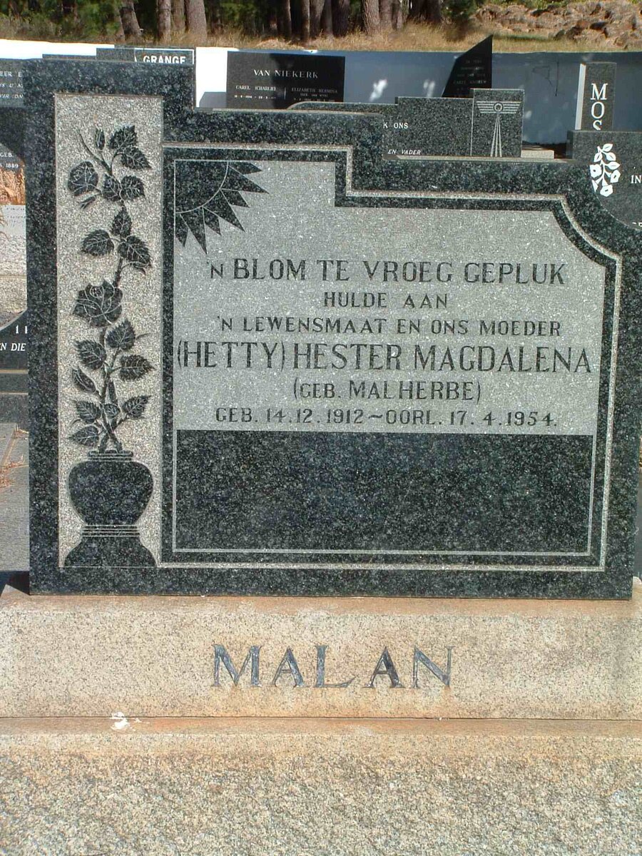 MALAN Hester Magdalena nee MALHERBE 1912-1954