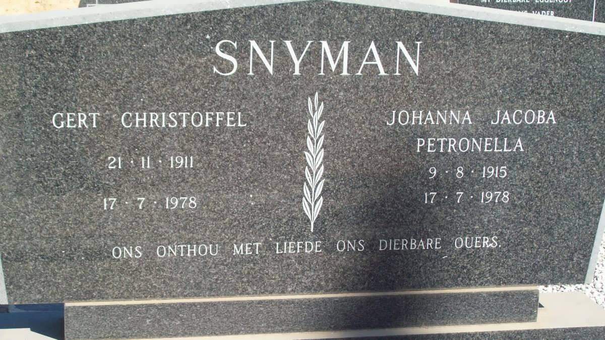 SNYMAN Gert Christoffel 1911-1978 &amp; Johanna Jacoba Petronella  1915-1978