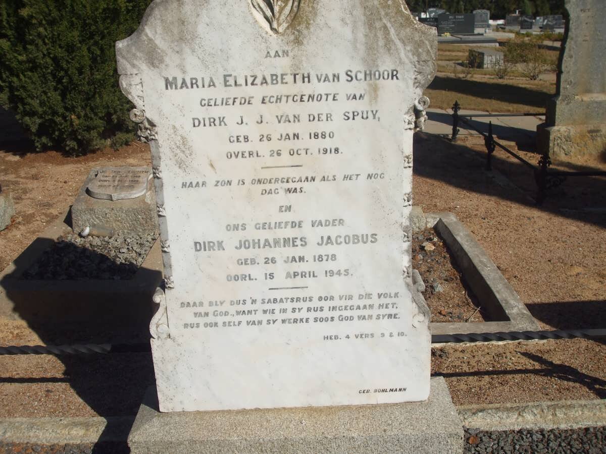 SPUY Dirk Johannes Jacobus, van der 1878-1945 &amp; Maria Elizabeth VAN SCHOOR 1880-1918