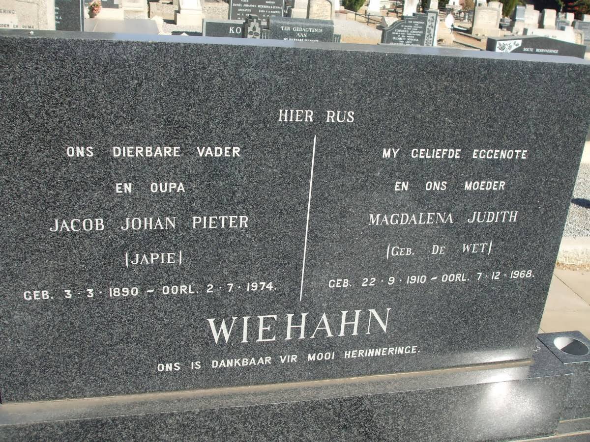 WIEHAHN Jacob Johan Pieter 1890-1974 &amp; Magdalena Judith DE WET 1910-1968