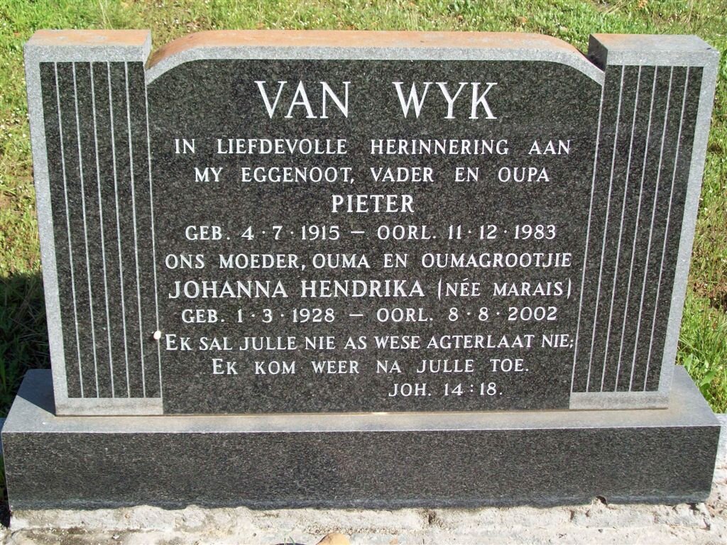 WYK Pieter, van 1915-1983 &amp; Johanna Hendrika MARAIS 1928-2002