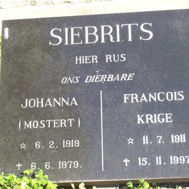 SIEBRITS Francois Krige 1911-1997 &amp; Johanna MOSTERT 1919-1979