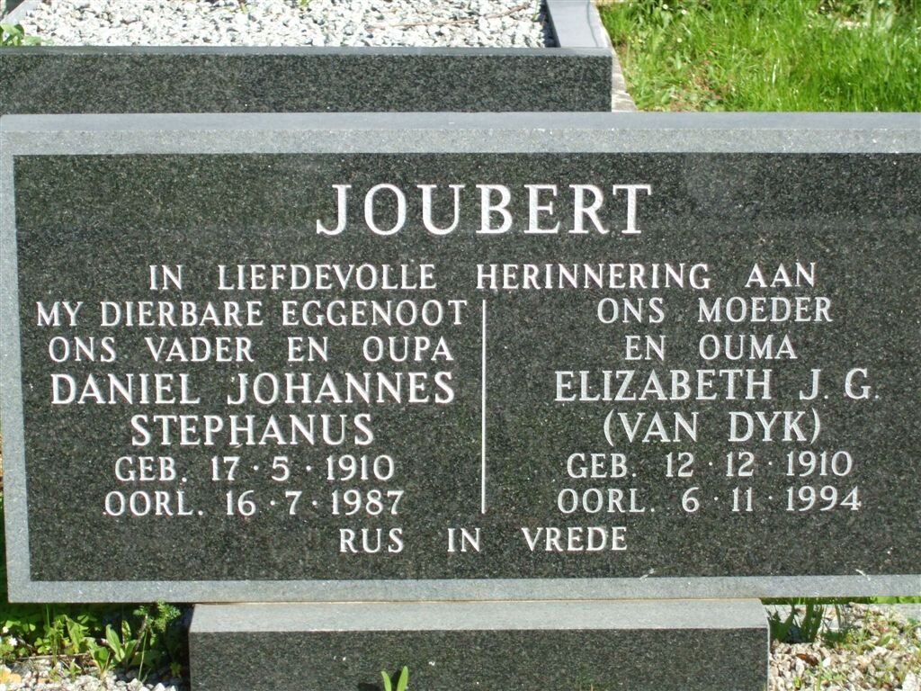 JOUBERT Daniel Johannes Stephanus 1910-1987 &amp; Elizabeth J.G. VAN DYK 1910-1994