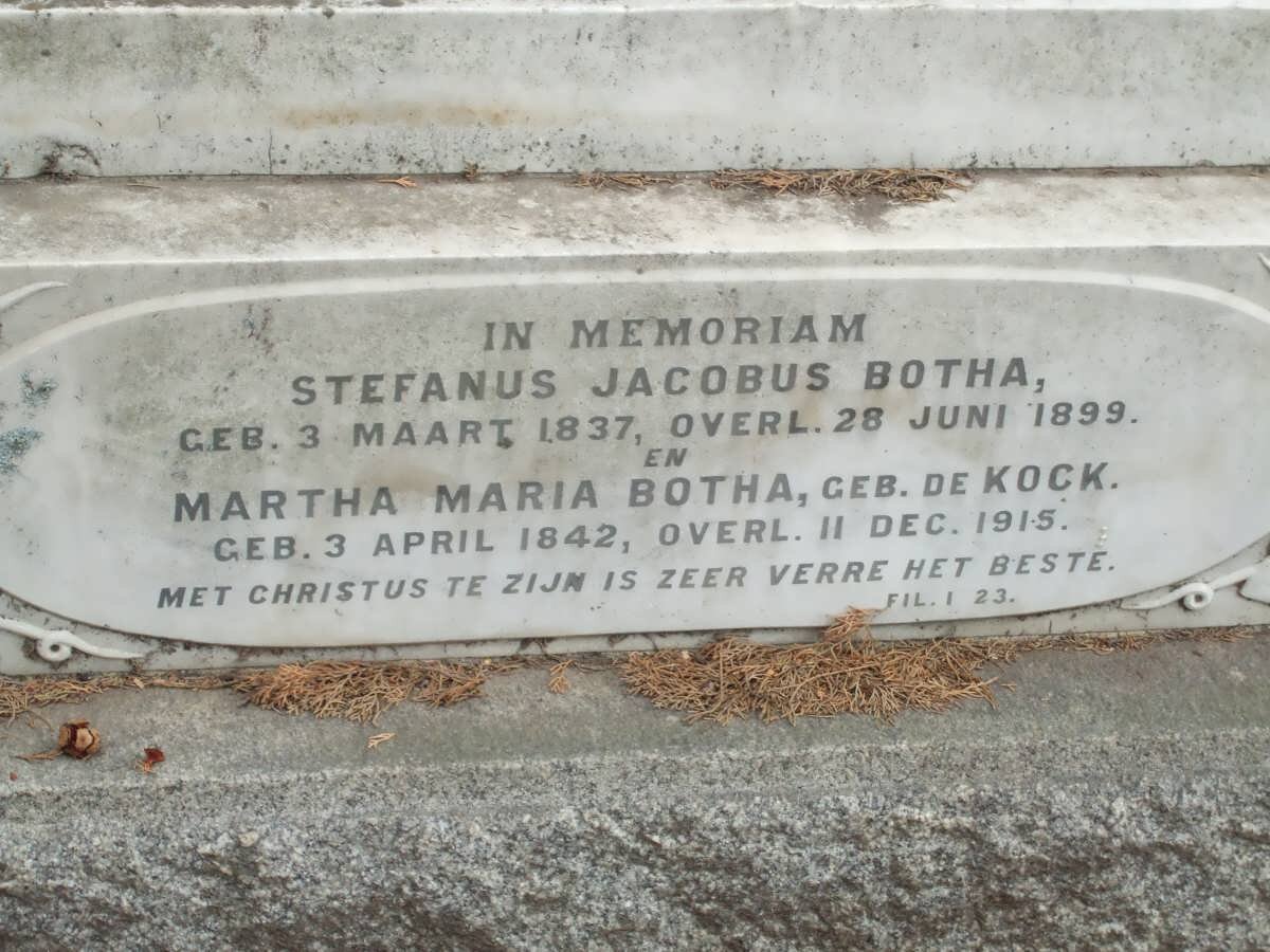 BOTHA Stefanus Jacobus 1837-1899 &amp; Martha Maria DE KOCK 1842-1915