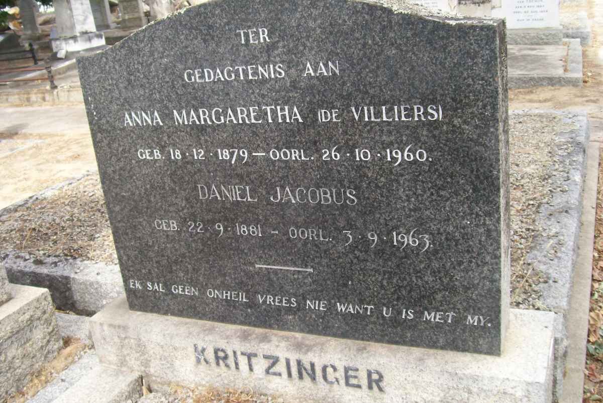 KRITZINGER Daniel Jacobus 1881-1963 &amp; Anna Margaretha DE VILLIERS 1879-1960