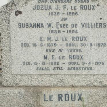 ROUX Jozua J.F., le 1835-1895 &amp; Susanna DE VILLIERS 1838-1904 :: LE ROUX E.M.J. 1879-1972 :: LE ROUX M.E. 1882-1975