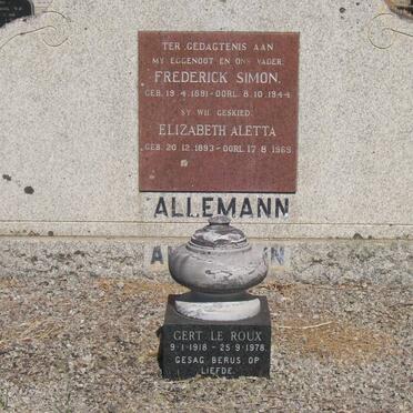 ALLEMAN Frederik Simon 1891-1944 &amp; Elizabeth Aletta 1893-1969 :: LE ROUX Gert 1918-1978