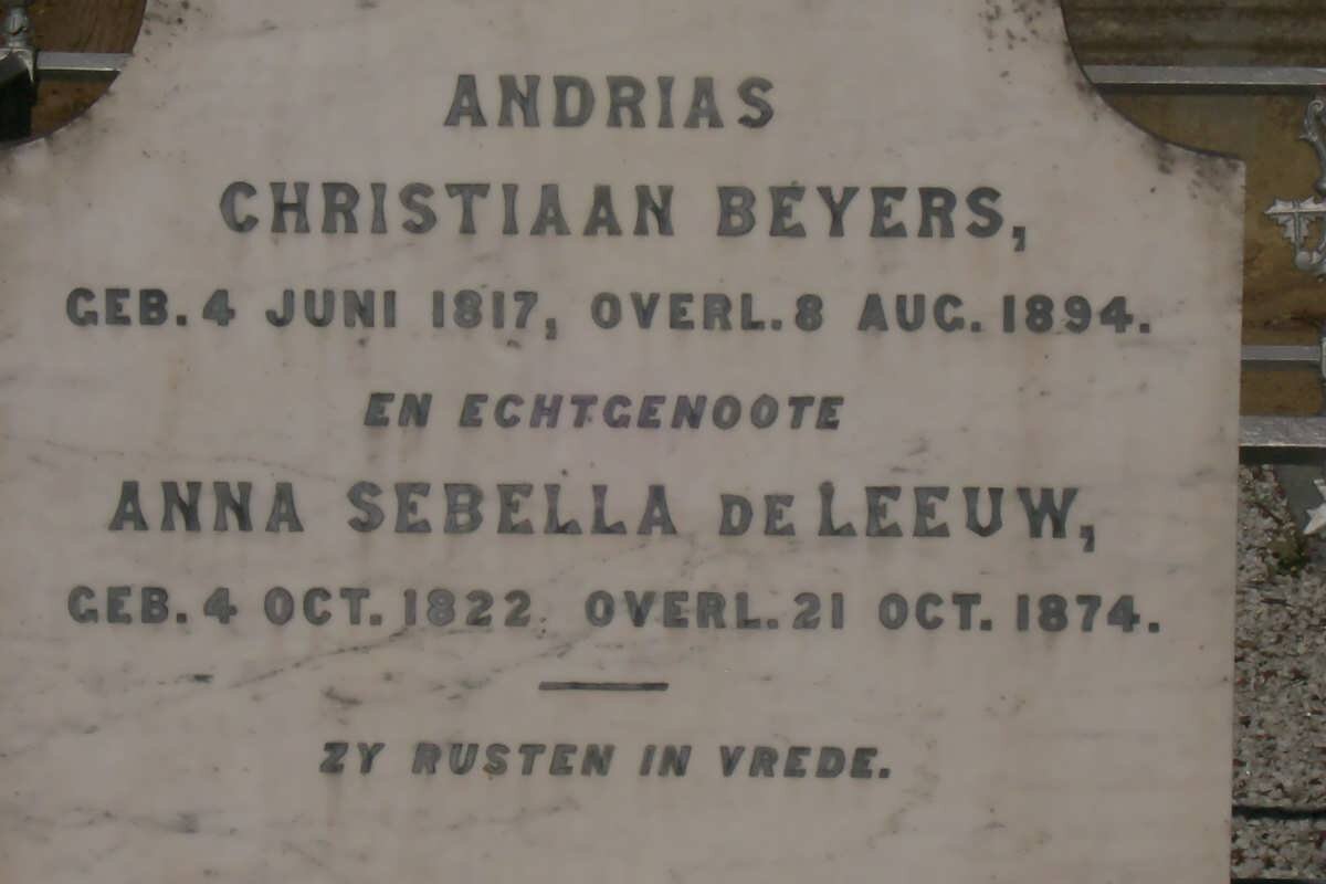 BEYERS Andrias Christiaan 1817-1894 &amp; Anna Sebella DE LEEUW 1822-1874