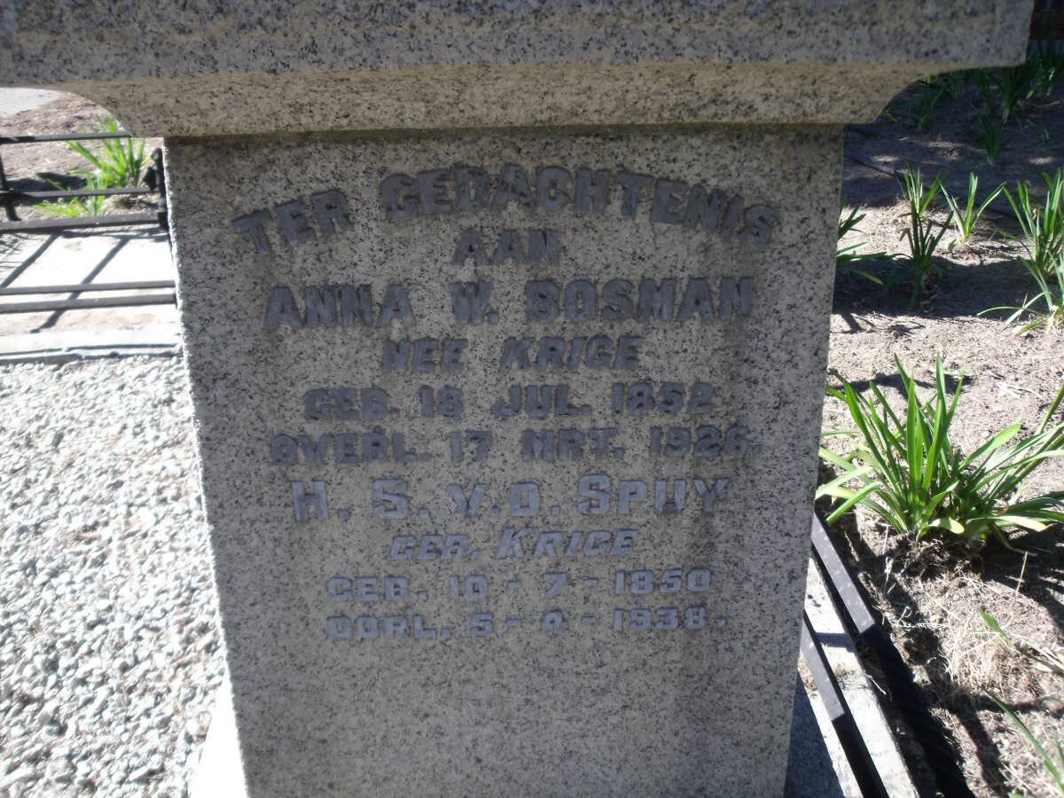 BOSMAN Anna W. nee KRIGE 1852-1926 :: VAN DER SPUY H.S. nee KRIGE 1850-1938