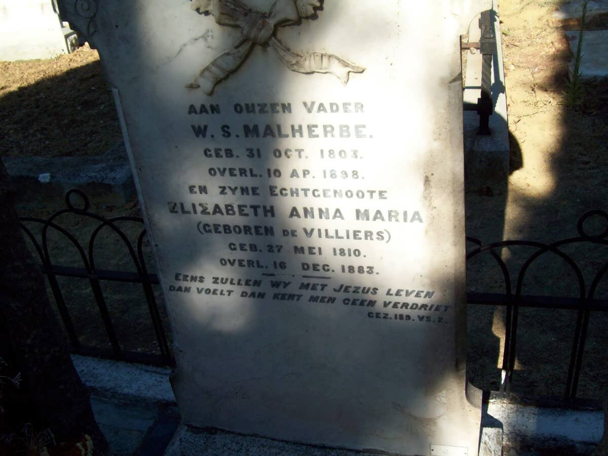 MALHERBE W.S. 1803-1898 &amp; Elizabeth Anna Maria DE VILLIERS 1810-1883