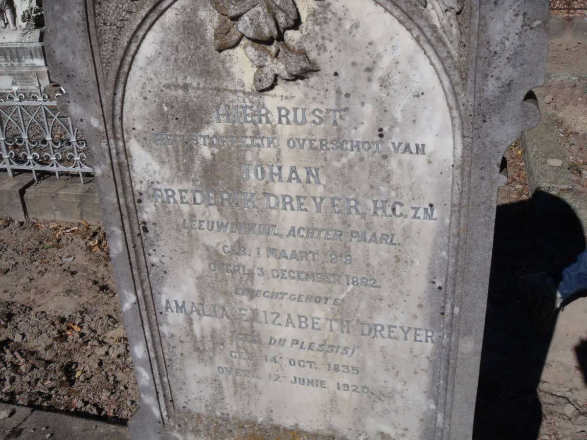 DREYER Johan Frederik 1819-1882 &amp; Amalia Elizabeth DU PLESSIS 1835-1920