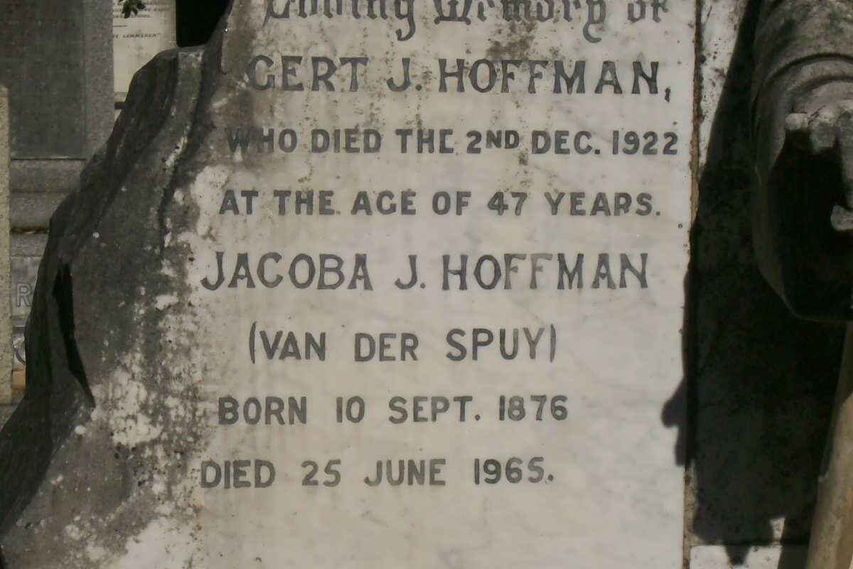 HOFFMAN Gert J. -1922 &amp; Jacoba J. VAN DER SPUY 1876-1965