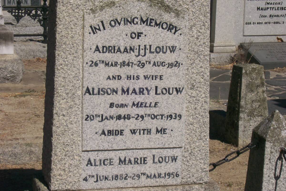 LOUW Adriaan J.J. 1847-1925 &amp; Alison Mary MELLE 1848-1939 :: LOUW Alice Marie 1882-1956
