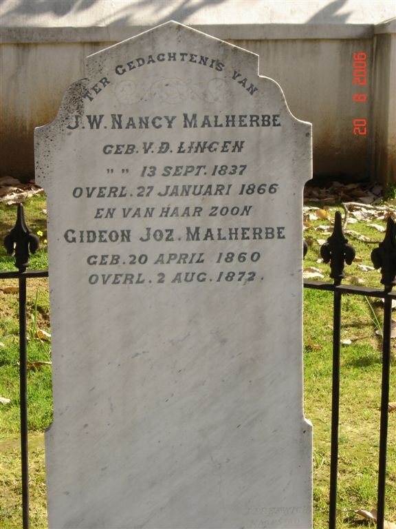 MALHERBE J.W. Nancy nee v.d. LINGEN 1837-1866 :: MALHERBE Gideon Joz. 1860-1872