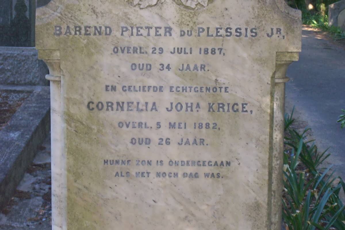 PLESSIS Barend Pieter, du -1887 &amp; Cornelia Johanna KRIGE -1882
