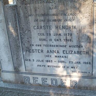 REEDER Carste Hendrik 1879-1918 &amp; Hester Anna Elizabeth MARAIS 1883-1968