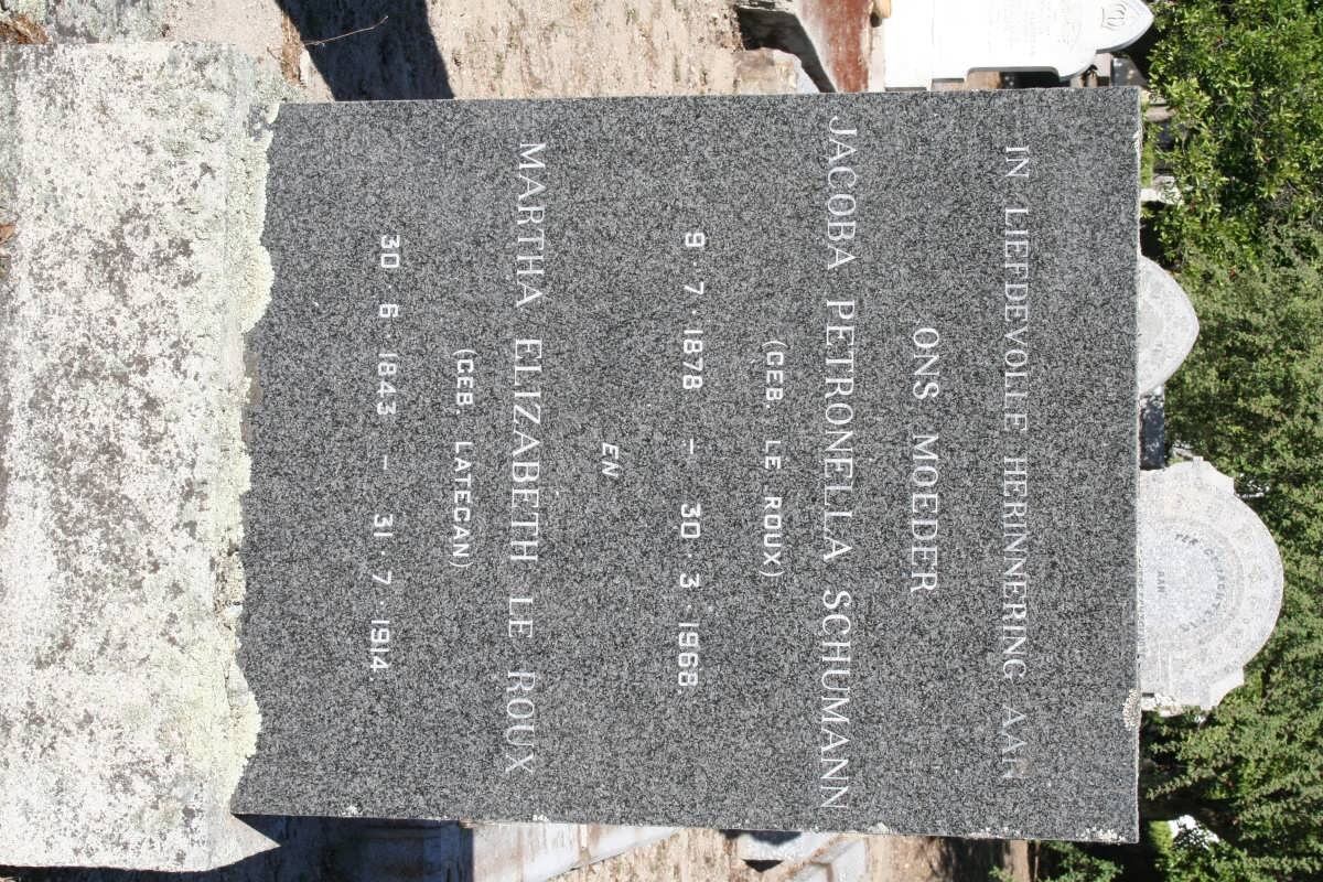 ROUX Martha Elizabeth, le nee LATEGAN 1843-1914 :: SCHUMANN Jacoba Petronella nee LE ROUX 1878-1968