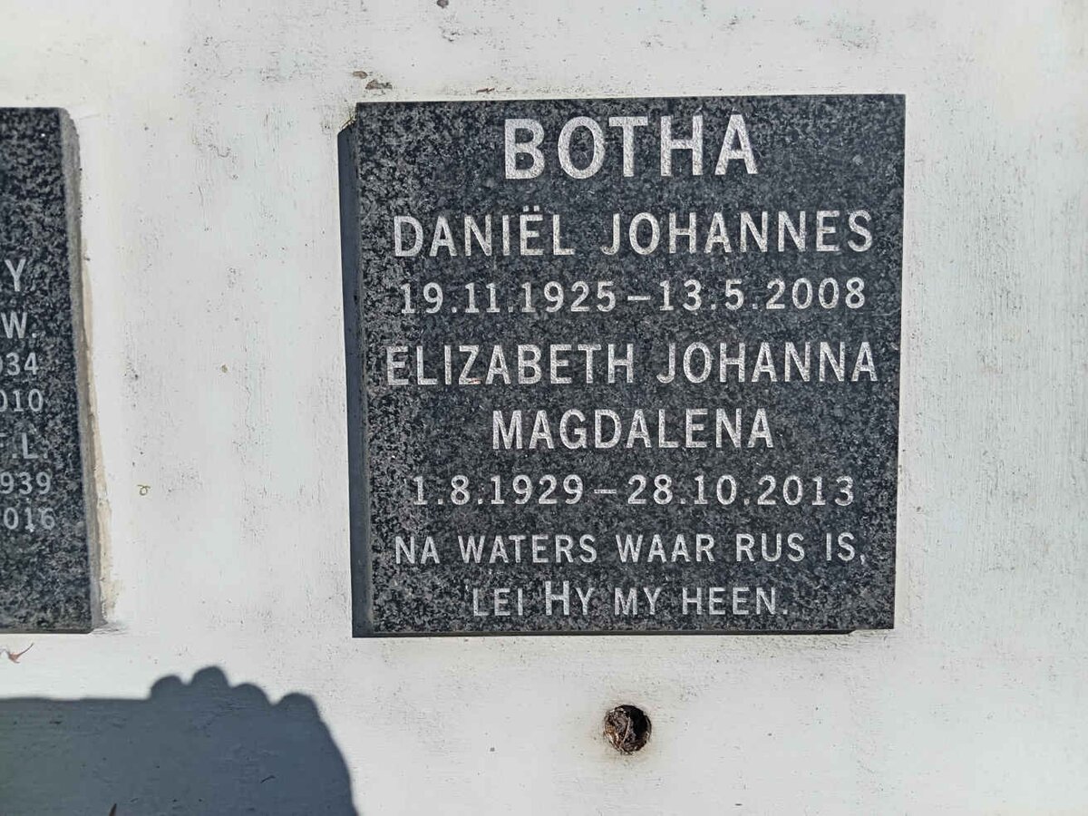 BOTHA Daniel Johannes 1925-2008 &amp; Elizabeth Johanna Magdalena 1929-2013