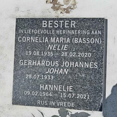 BESTER Gerhardus Johannes 1933- &amp; Cornelia Maria BASSON 1936-2020 :: BESTER Hannelie 1964-2021