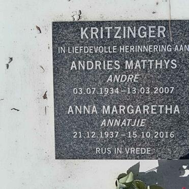 KRITZINGER Andries Matthys 1934-2007 &amp; Anna Margaretha 1937-2016