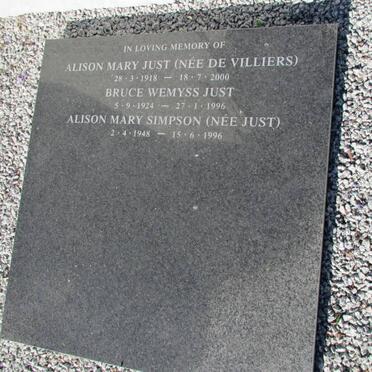 JUST Bruce Wemyss 1924-1996 &amp; Alison Mary DE VILLIERS 1918-2000 :: SIMPSON Alison Mary nee JUST 1948-1996
