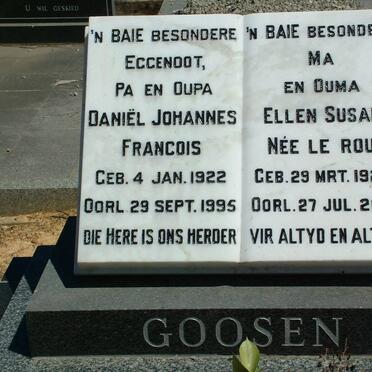 GOOSEN Daniël Johannes Francois 1922-1995 &amp; Ellen Susan LE ROUX 1929-2010