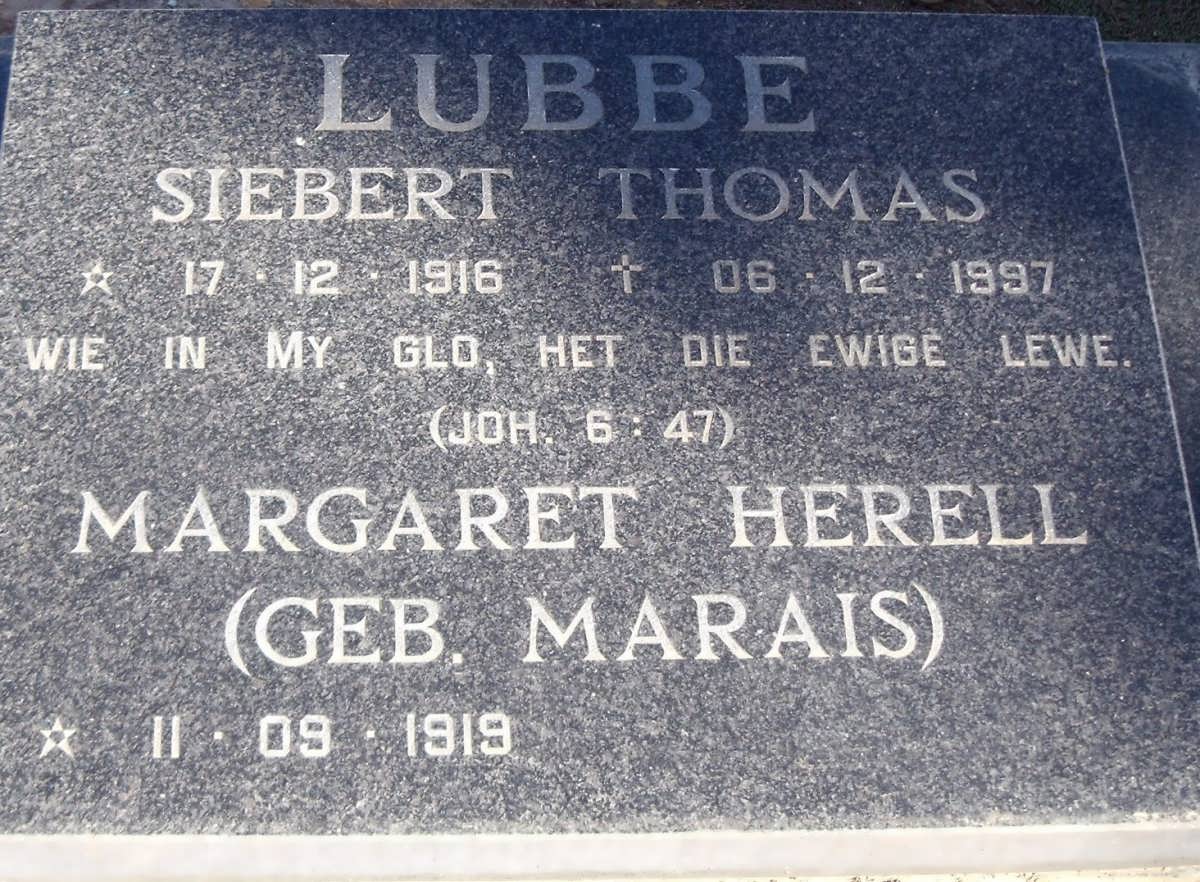 LUBBE Siebert Thomas 1916-1997 & Margaret Herell MARAIS 1919-