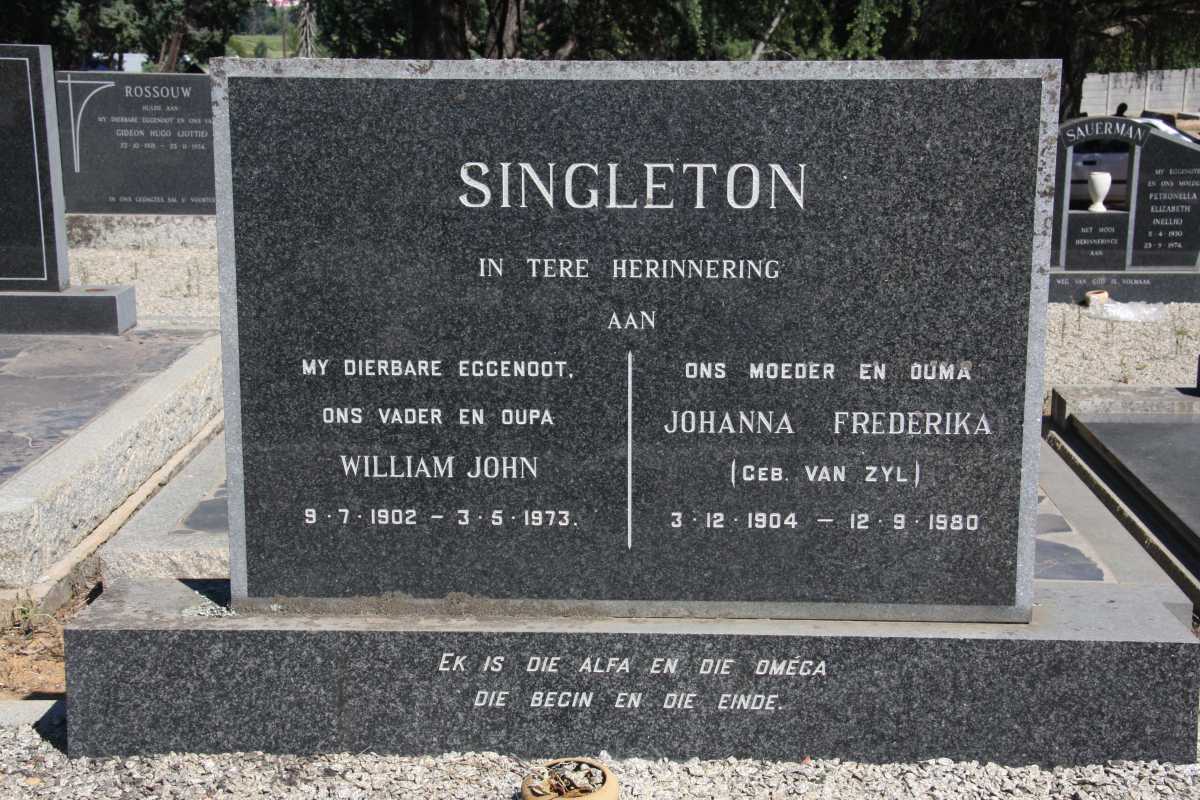 SINGELTON William John 1902-1973 & Johanna Frederika VAN ZYL 1904-1980
