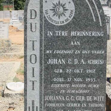 TOIT Johan C.D.A., du 1912-1953 &amp; Johanna G.C. DE WITT formerly GERBER, formerly THERON 1913-2009