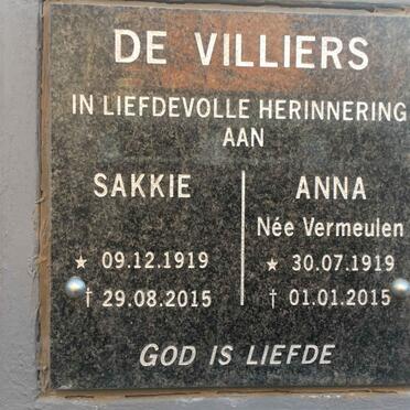 VILLIERS Sakkie, de 1919-2015 &amp; Anna VERMEULEN 1919-2015