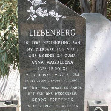 LIEBENBERG Georg Frederick 1921-1996 &amp; Anna Magdelena LE ROUX 1926-1988