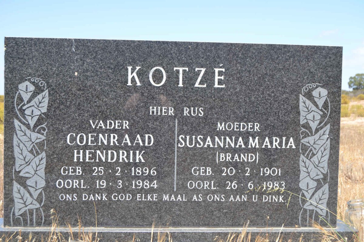 KOTZÉ Coenraad Hendrik 1896-1984 &amp; Susanna Maria BRAND 1901-1983