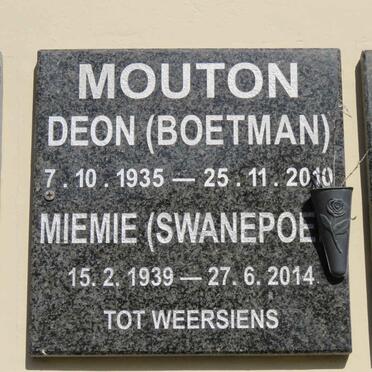 MOUTON Deon 1935-2010 &amp; Miemie SWANEPOEL 1939-2014