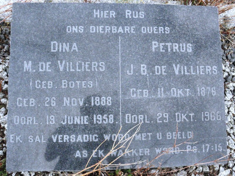VILLIERS Petrus J.B., de 1876-1966 &amp; Dina M. BOTES 1888-1958