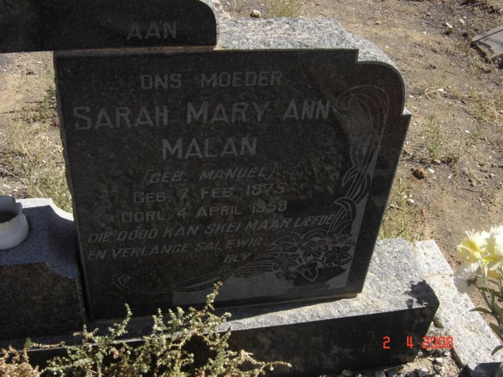 MALAN Sarah Mary Ann nee MANUEL 1875-1959