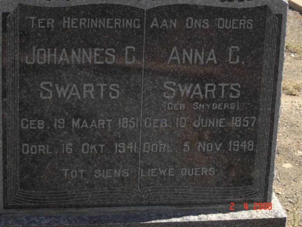 SWARTS Johannes C. 1851-1941 &amp; Anna C. SNYDERS 1857-1948