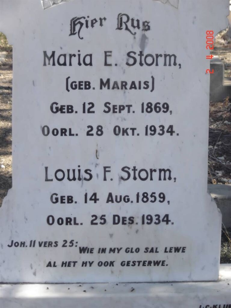 STORM Louis F. 1859-1934 &amp; Maria E. MARAIS 1869-1934