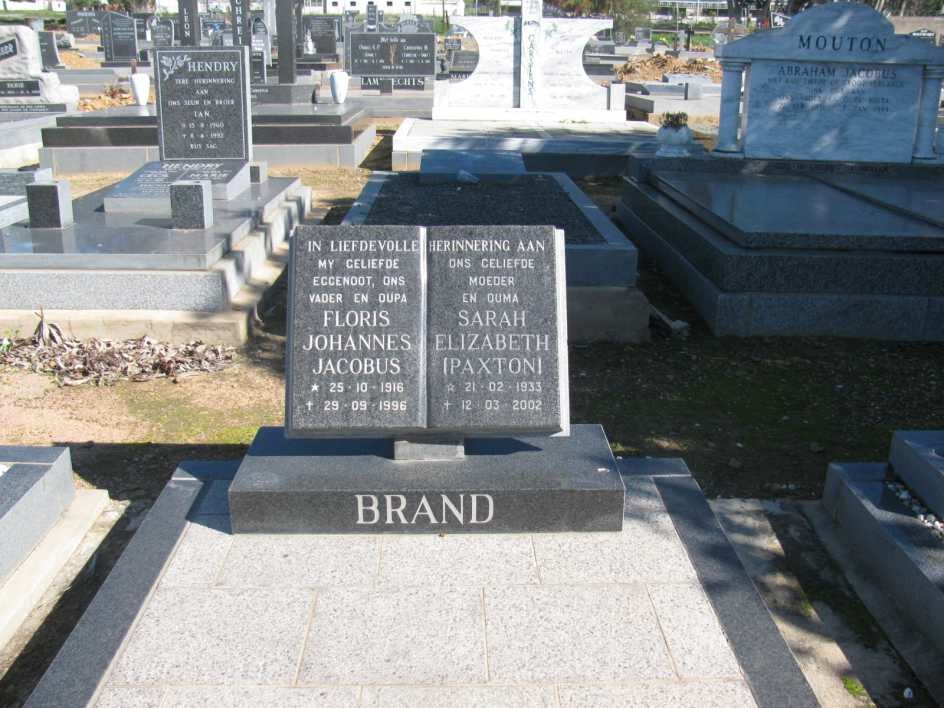BRAND Floris Johannes Jacobus 1916-1996 &amp; Sarah Elizabeth PAXTON 1933-2002