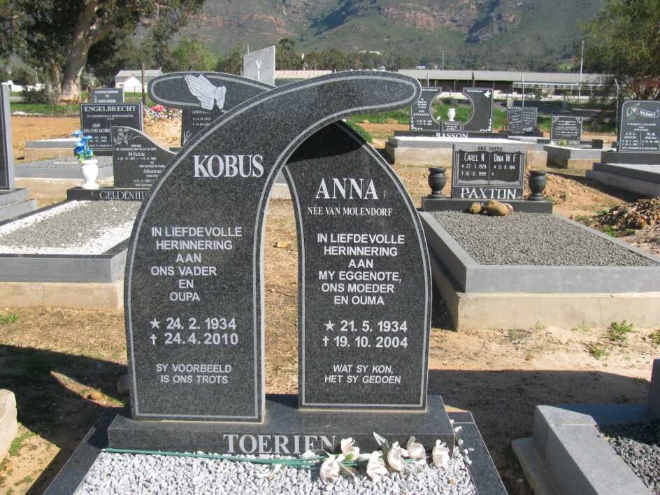 TOERIEN Kobus 1934-2010 &amp; Anna VAN MOLENDORF 1934-2004