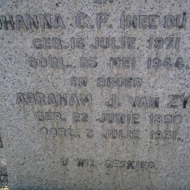 ZYL Johanna C.P.,van nee DU TOIT 1871-1946 :: VAN ZYL Abraham 1890-1931