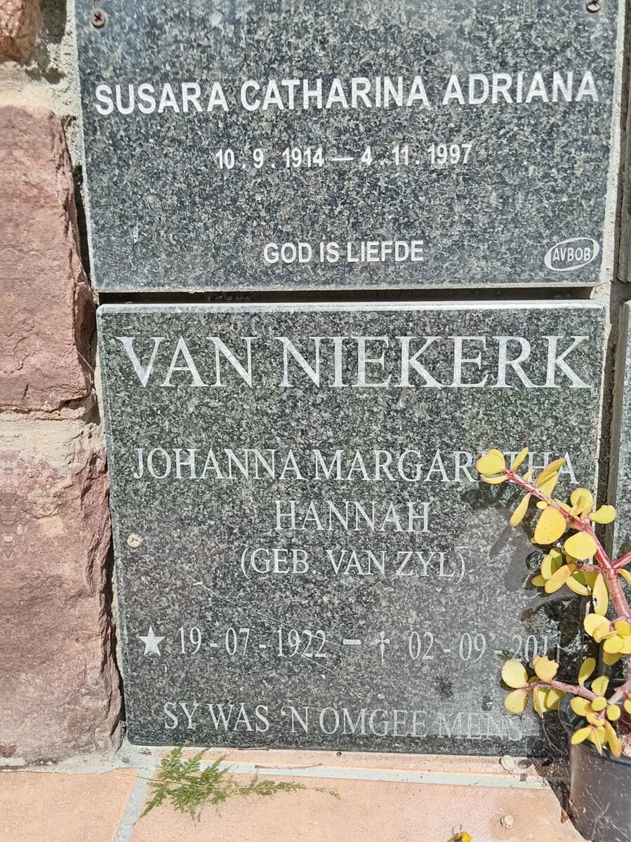 NIEKERK Johanna Margaretha Hannah, van nee VAN ZYL 1922-2011