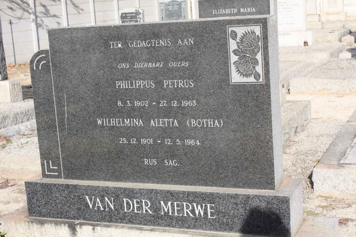 MERWE Philippus Petrus 1902-1963 &amp; Wilhelmina Aletta BOTHA 1901-1964