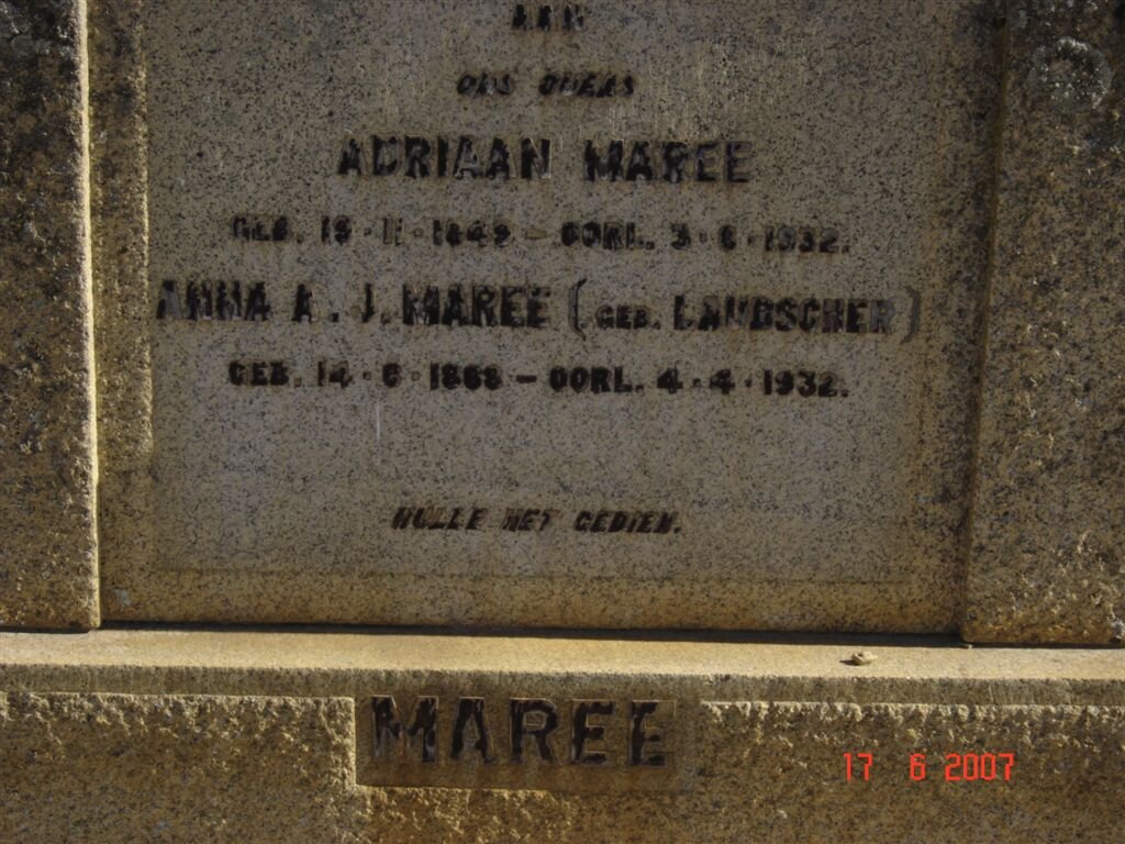 MAREE Adriaan 1849-1932 &amp; Anna A.J. LAUBSCHER 1868-1932