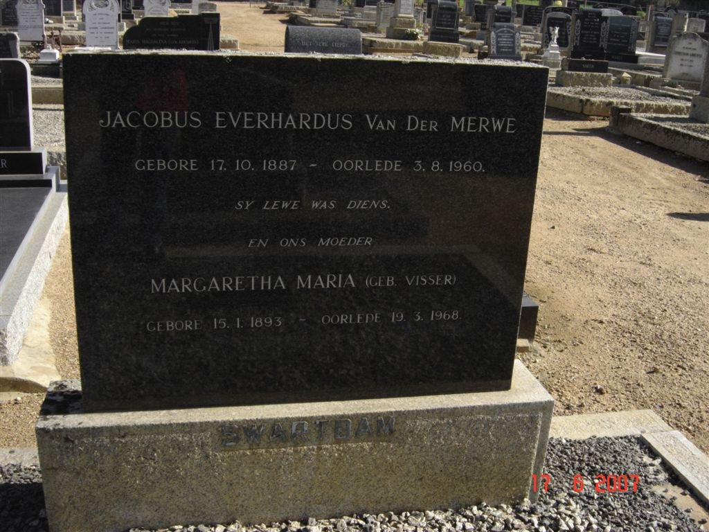MERWE Jacobus Everhardus, van der 1887-1960 &amp; Margaretha Maria VISSER 1893-1968