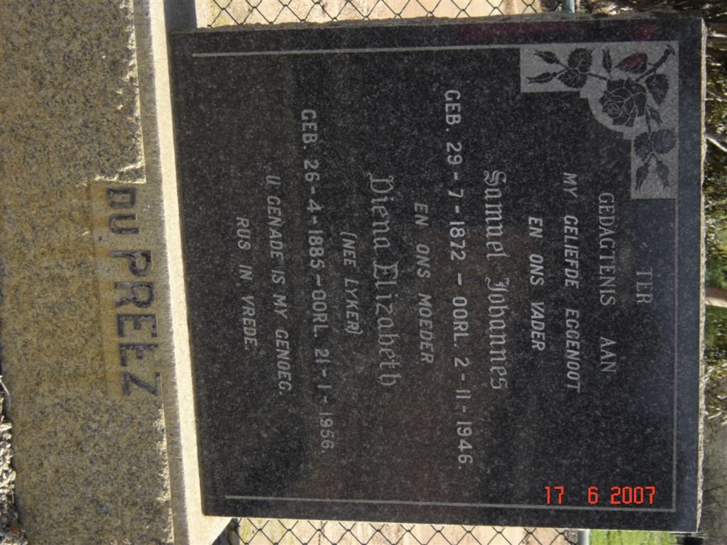 PREEZ Samuel Johannes, du 1872-1946 &amp; Diena Elizabeth LYKER 1885-1956