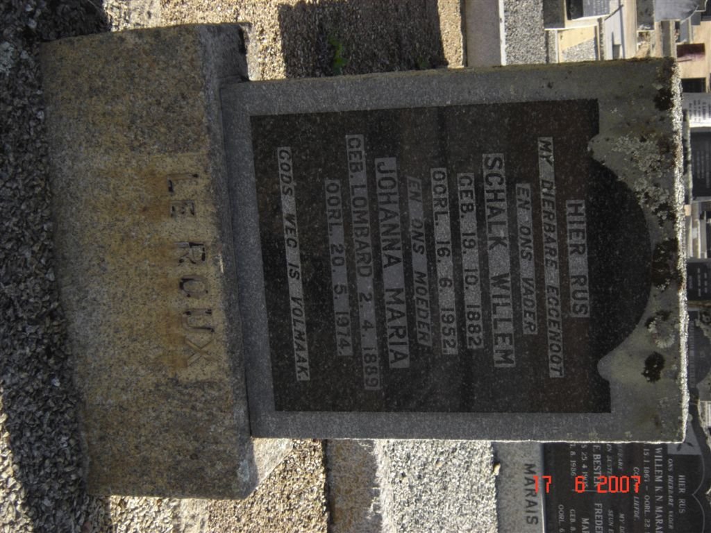 ROUX Schalk Willem, le 1882-1952 &amp; Johanna Maria LOMBARD 1889-1974