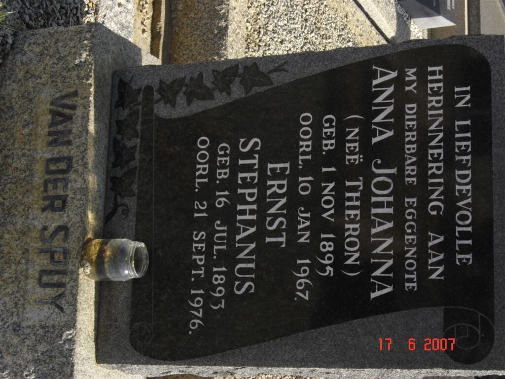 SPUY Ernst Stephanus, van der 1893-1976 &amp; Anna Johanna THERON 1895-1967