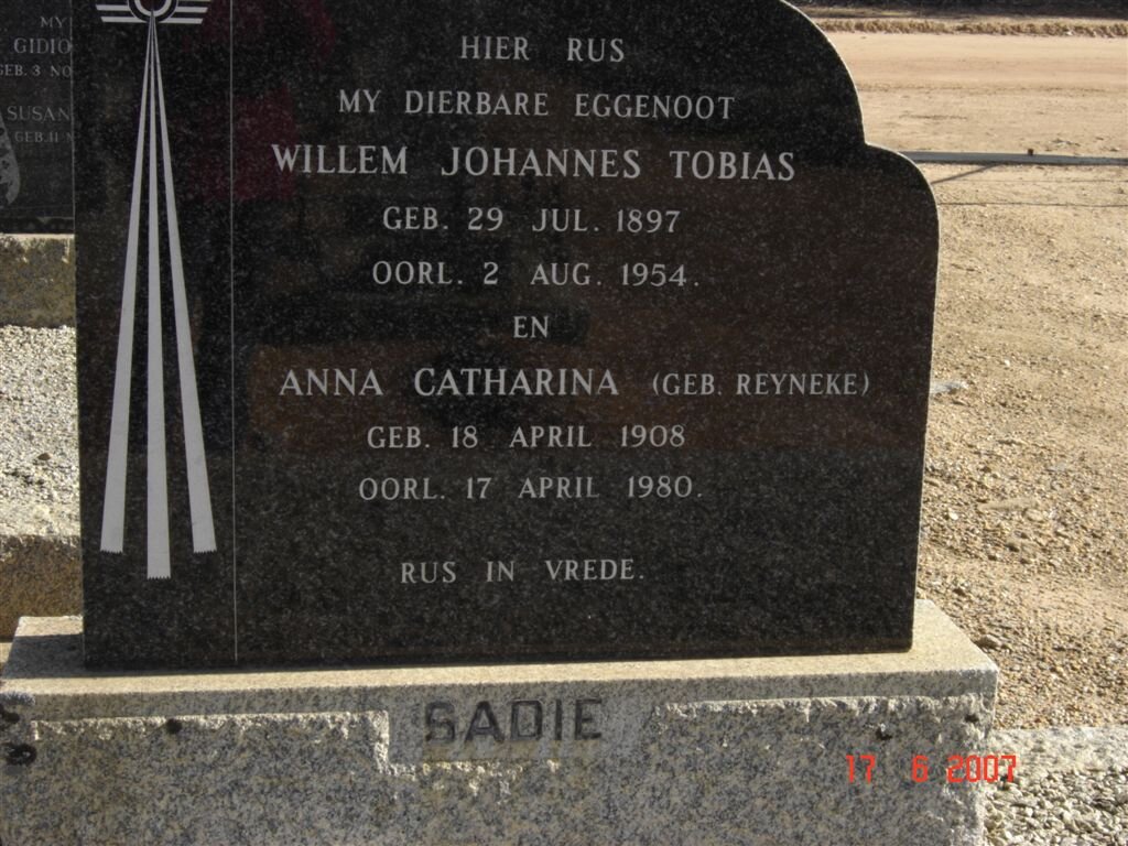 SADIE Willem Johannes Tobias 1897-1954 &amp; Anna Catharina REYNEKE 1908-1980